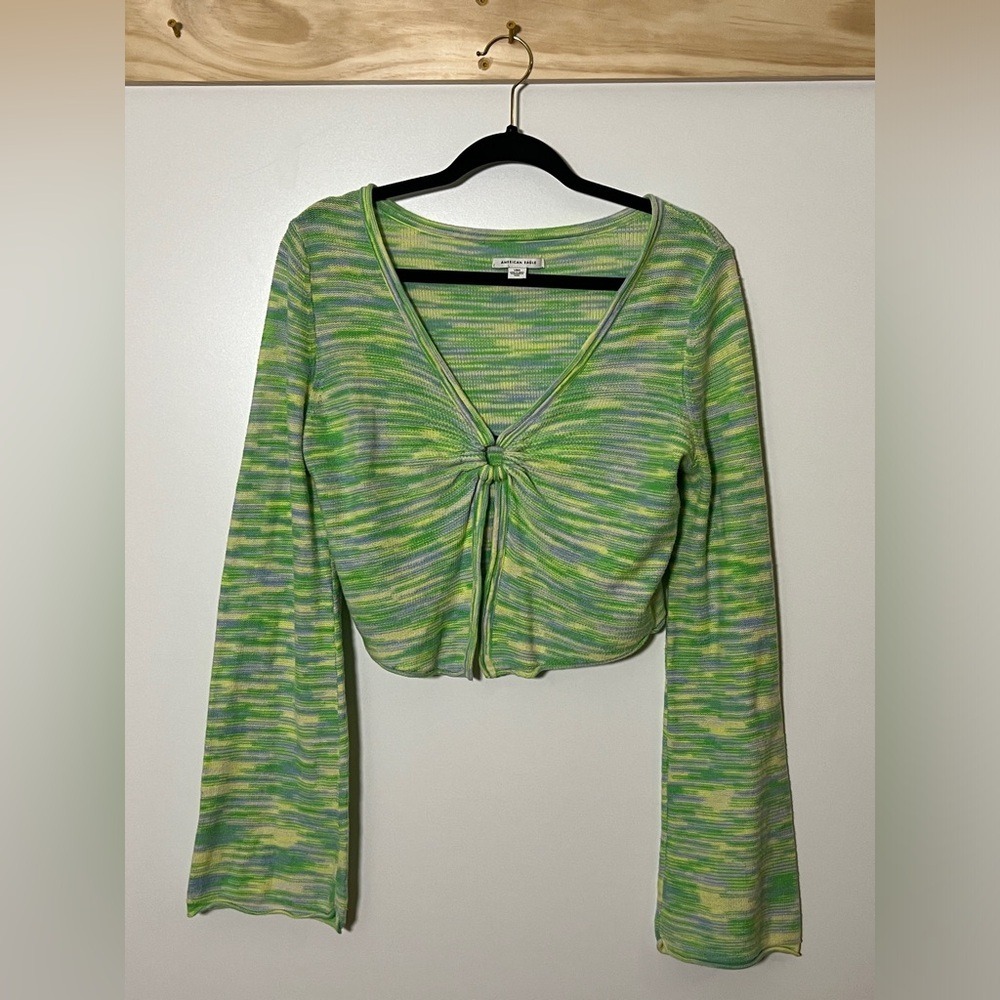 American Eagle Crop Top 70s V-Neck Boho Vibrant Green Women Size Large